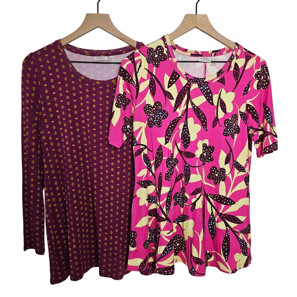 LOGO Lori Goldstein‎ 2pc Tunic Tee Short Long Sleeve Lot S Hot Pink Maroon